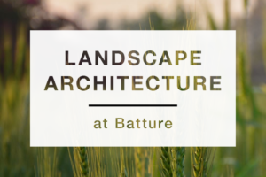 Text: Landscape Architecture at Batture in a white box over a picture of blurred grass in the background. 